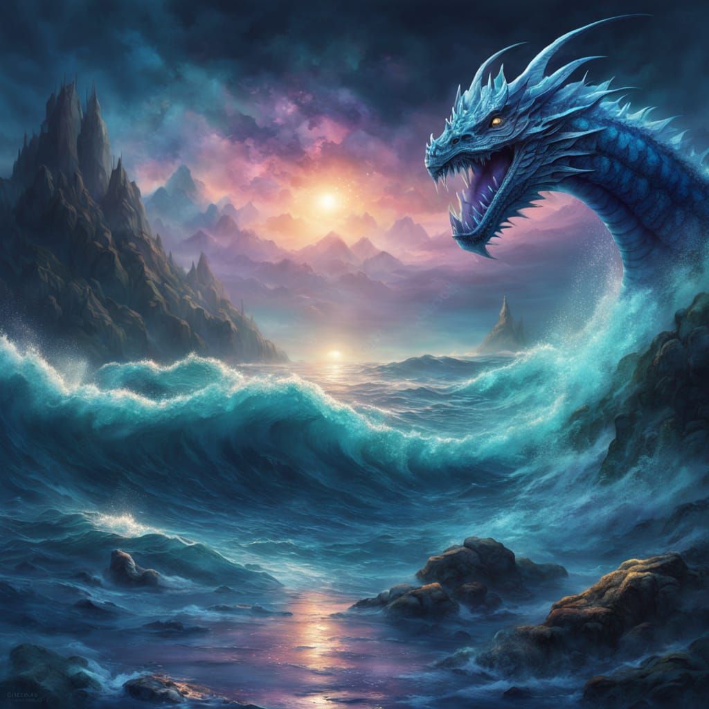 Dreamlike Water Dragon Rises from Ocean Depths in Vibrant Di...