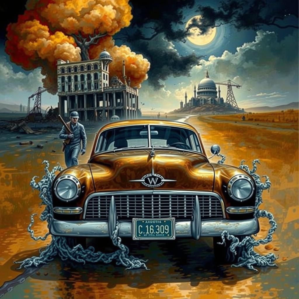 Surreal Car in Post-Apocalyptic Landscape