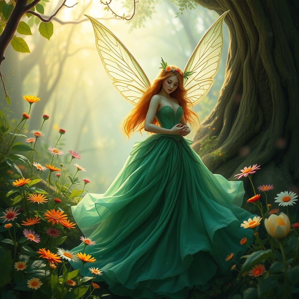 Ethereal Fairy in Enchanted Forest, Art Nouveau Style