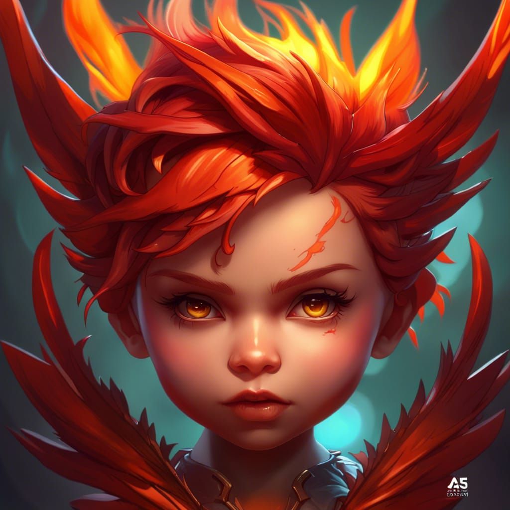 Demonic Chibi Phoenix Portrait in Hyperdetailed Style