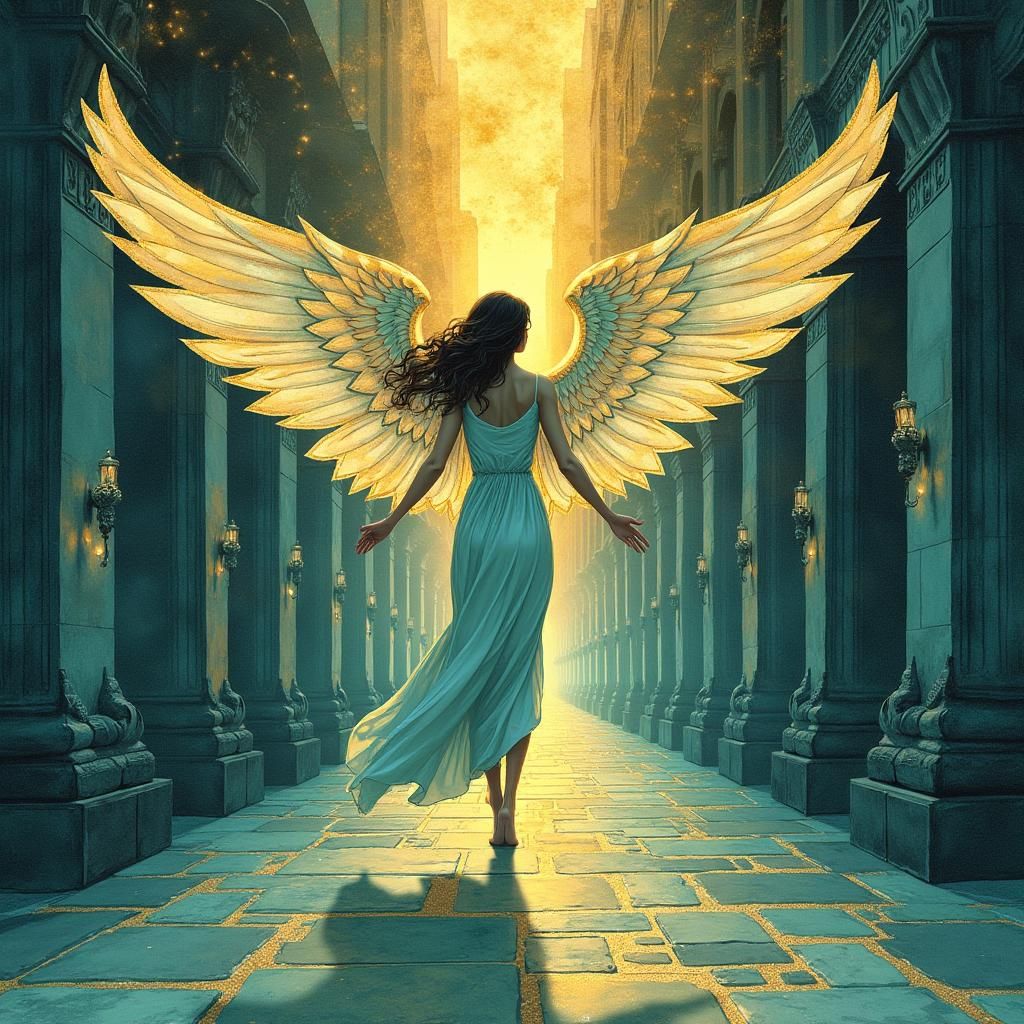 Angelic Figure Ascending to Heaven in Art Deco Style