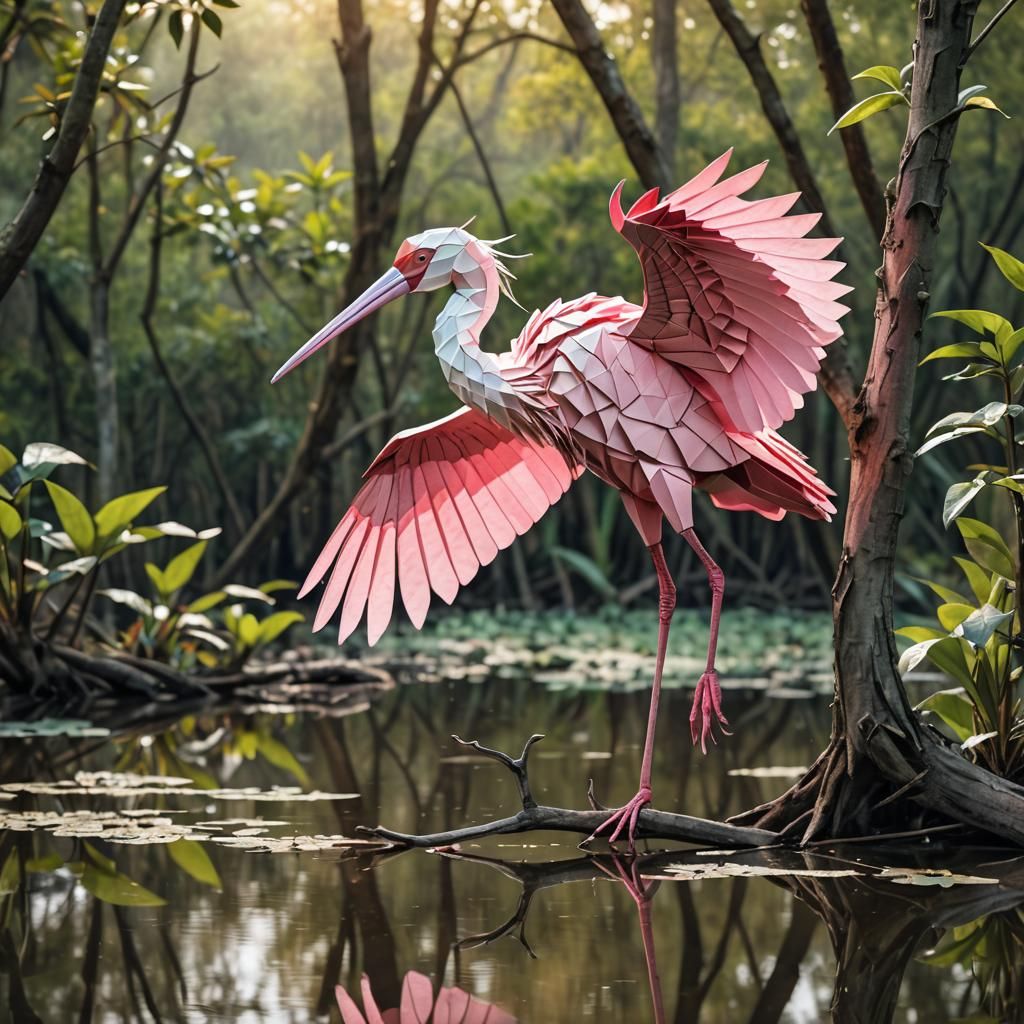 all-paper origami masterpiece featuring a Roseate Spoonbill ...