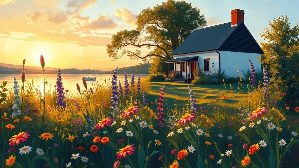 Impressionistic Wildflower Garden with Cozy Cottage at Golde...