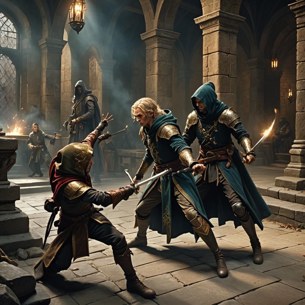 Elf and Dwarf Duel in Stone Hall