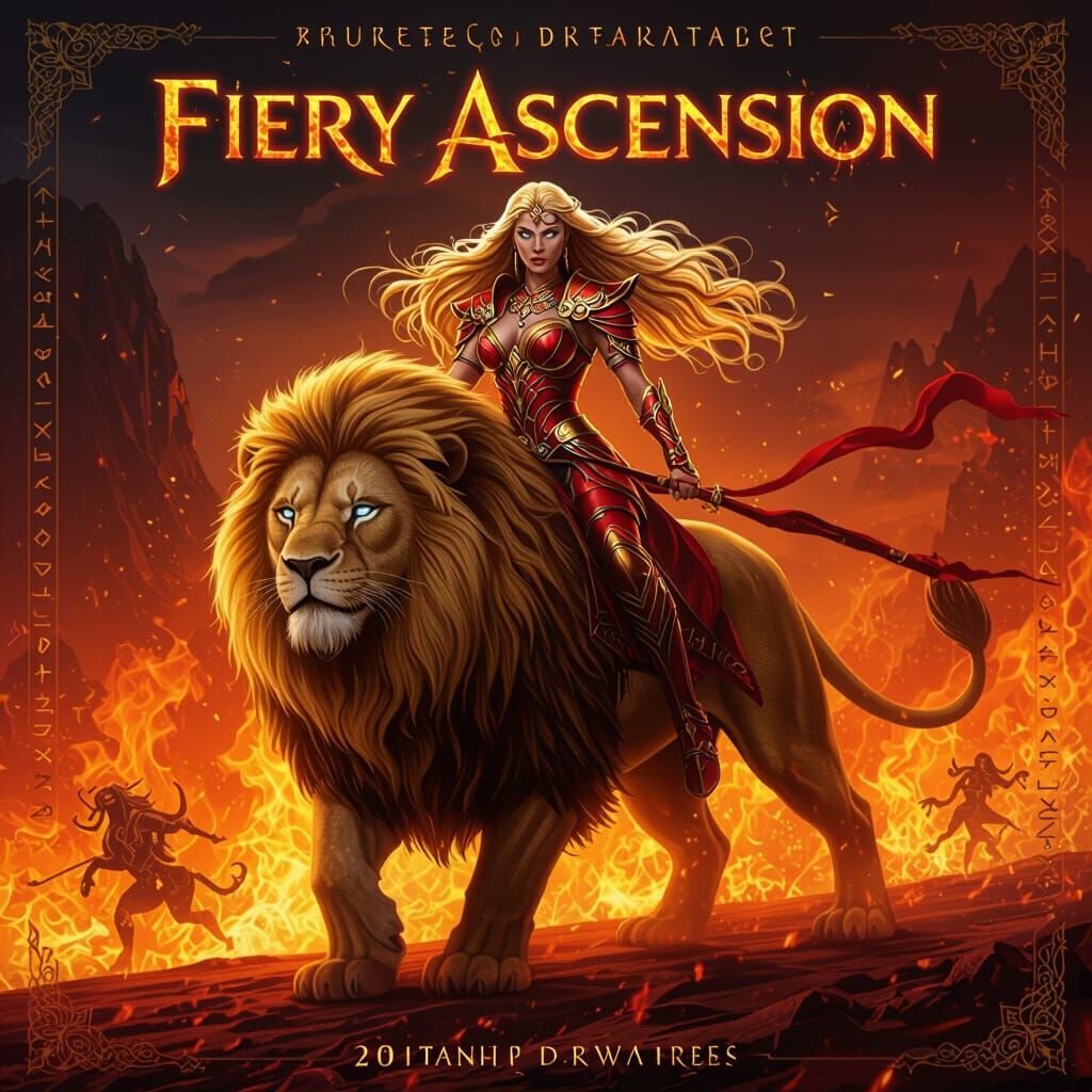 Goddess Warrior on Lion, Fiery Epic Fantasy Poster