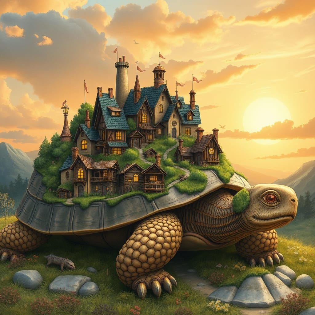 Whimsical Village on Ancient Tortoise at Sunset