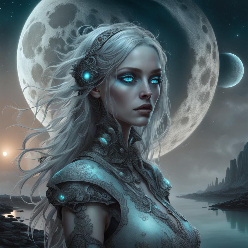 Bioluminescent Moonlit Portrait with Platinum Accents
