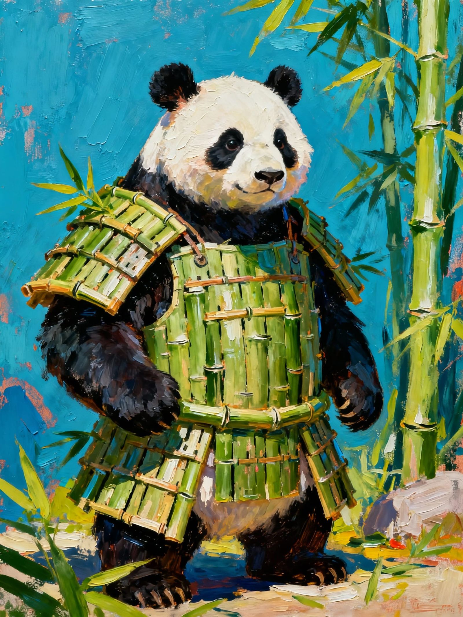 Panda Warrior in Bamboo Armor, Bold Impasto Painting