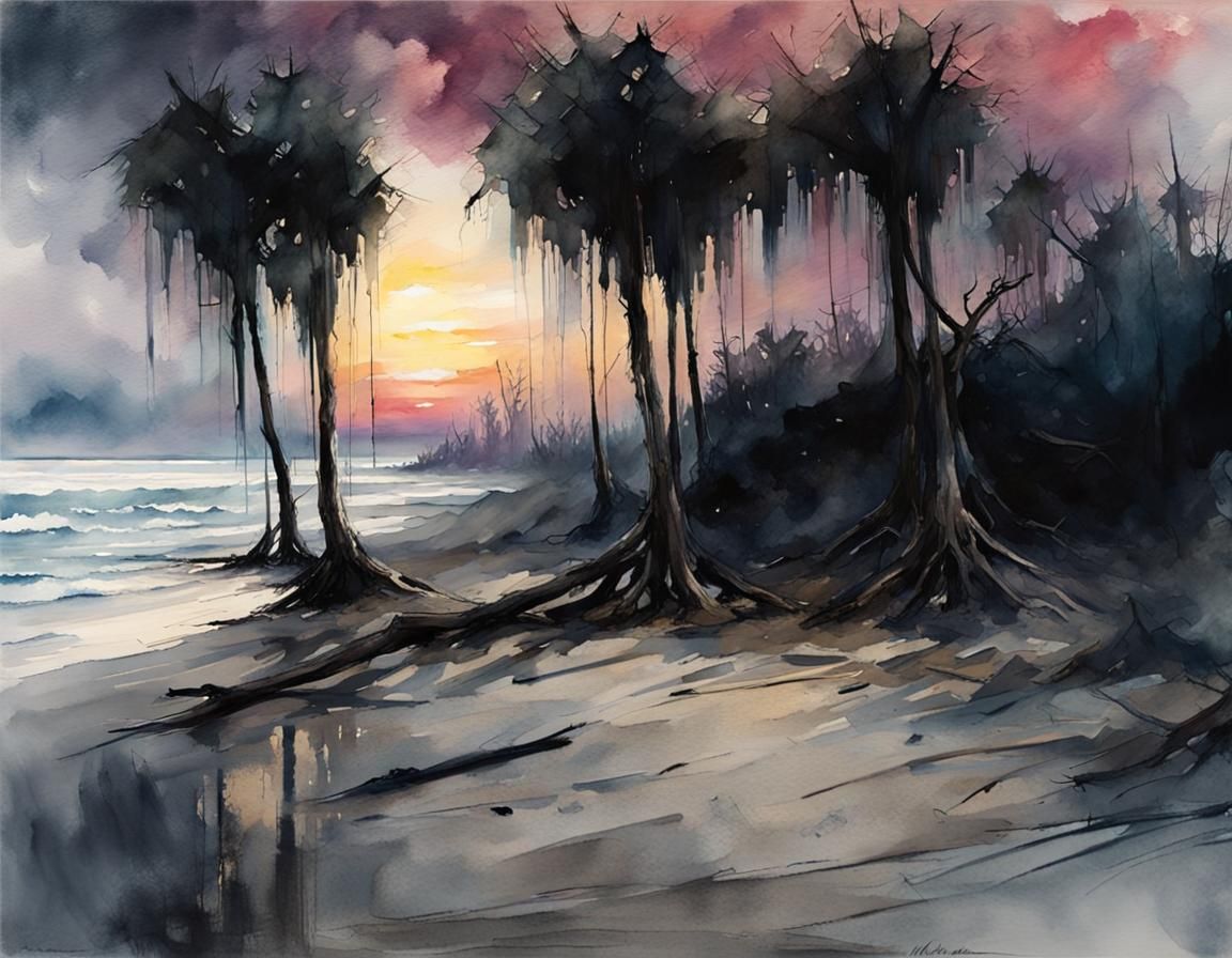 Sinister Dawn Over Florida Beach in Watercolor