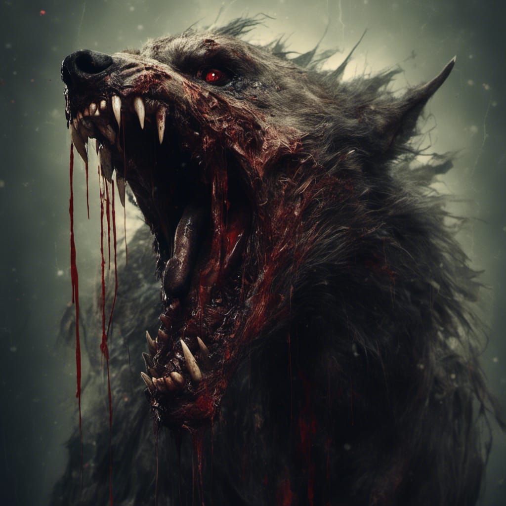 Macabre Werewolf with Bloody Fangs and Red Eye