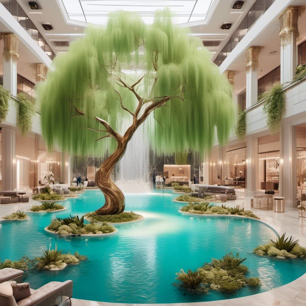 Luxury Mall Lounge with Weeping Willow Pond