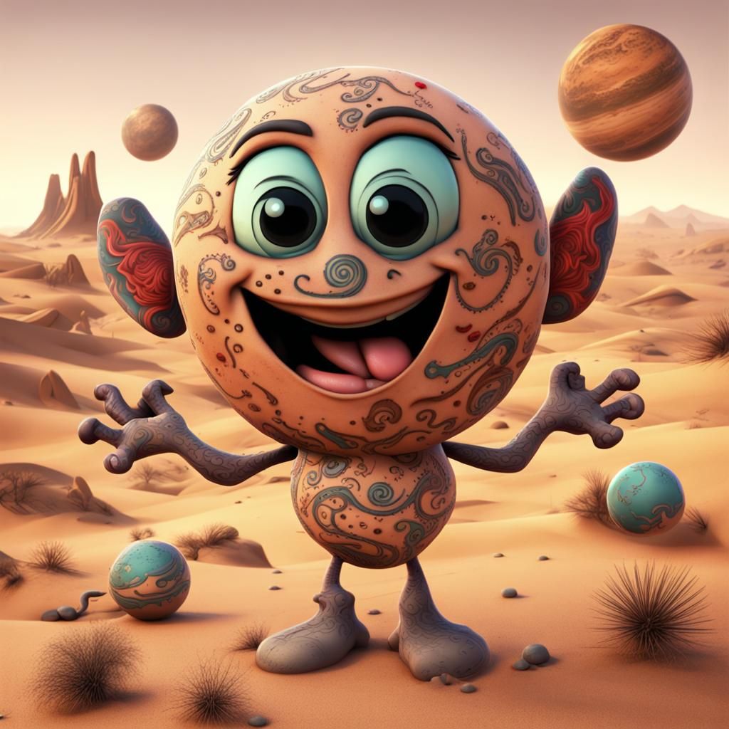 Cartoon Desert Planet Covered in Tattoos