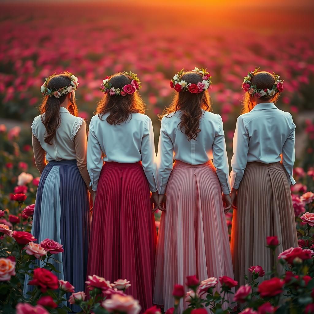 Women in Rose Field: Hyperrealistic Floral Scene