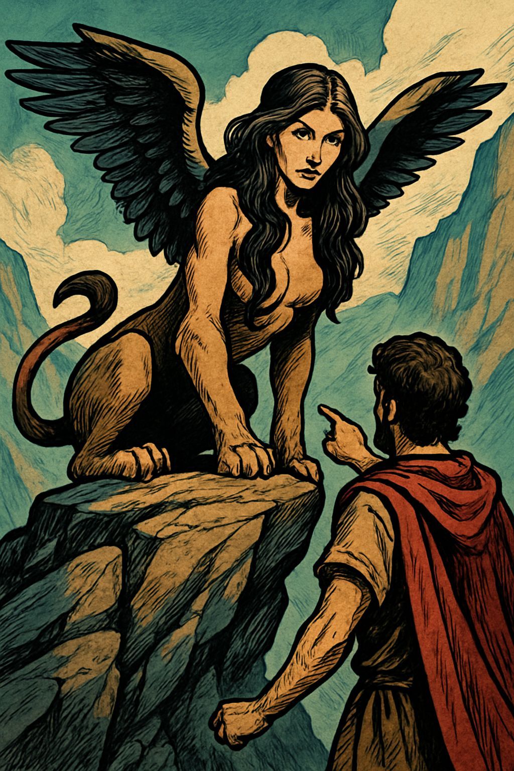 The Sphinx Challenges Oedipus, in Comic Book Style