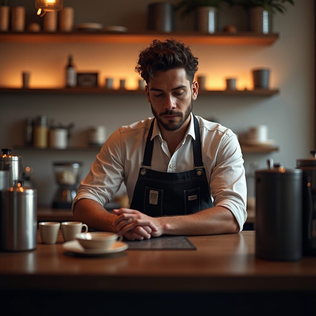 Handsome Barista Making Coffee in Shop: Matte Painting