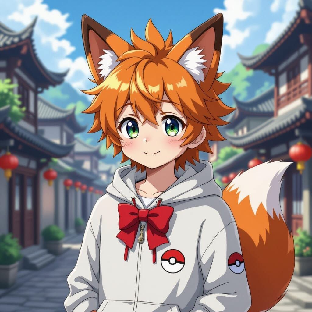 Anime Fox-Boy in Ancient Chinese City