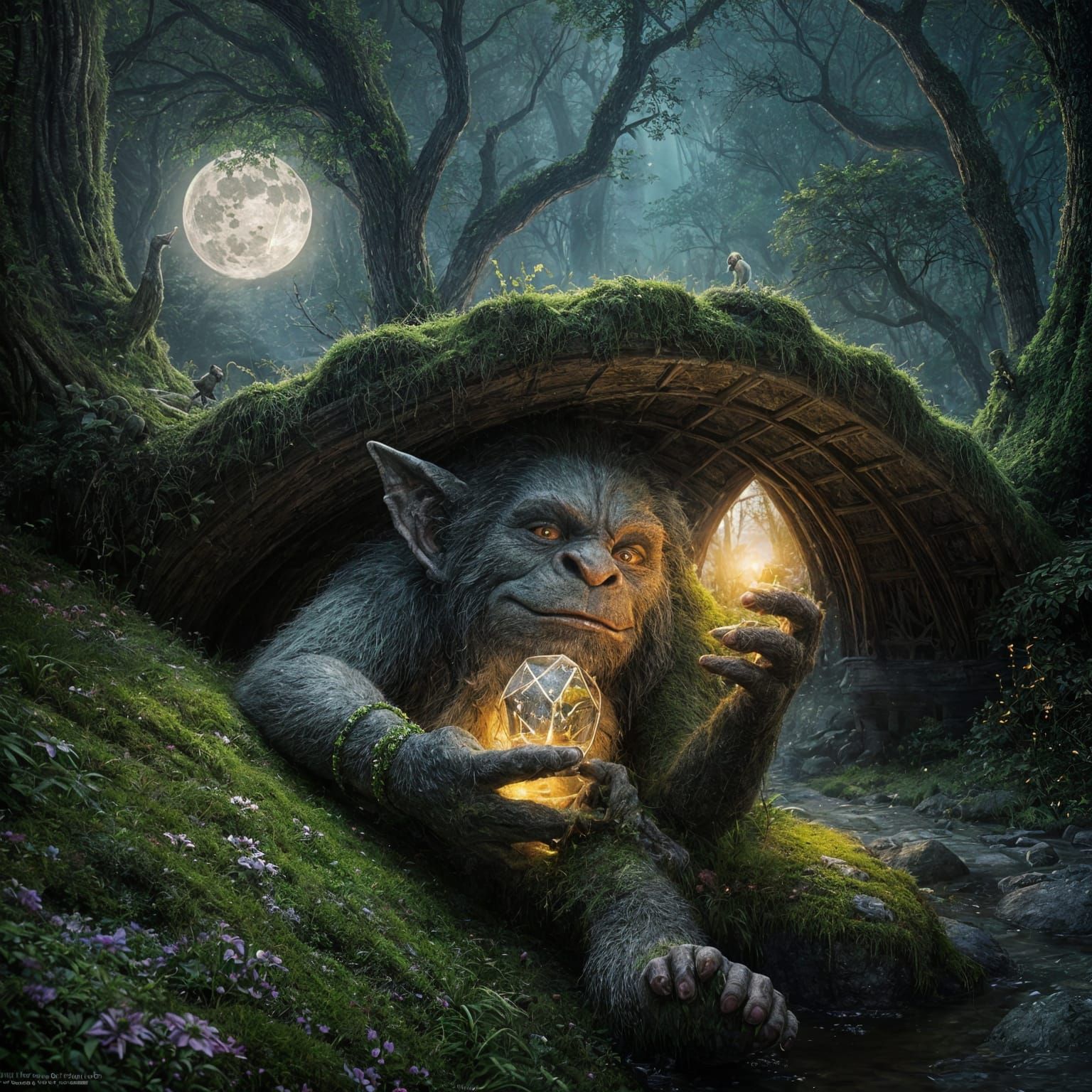 Moss Troll Hiding Under Bridge with Crystal