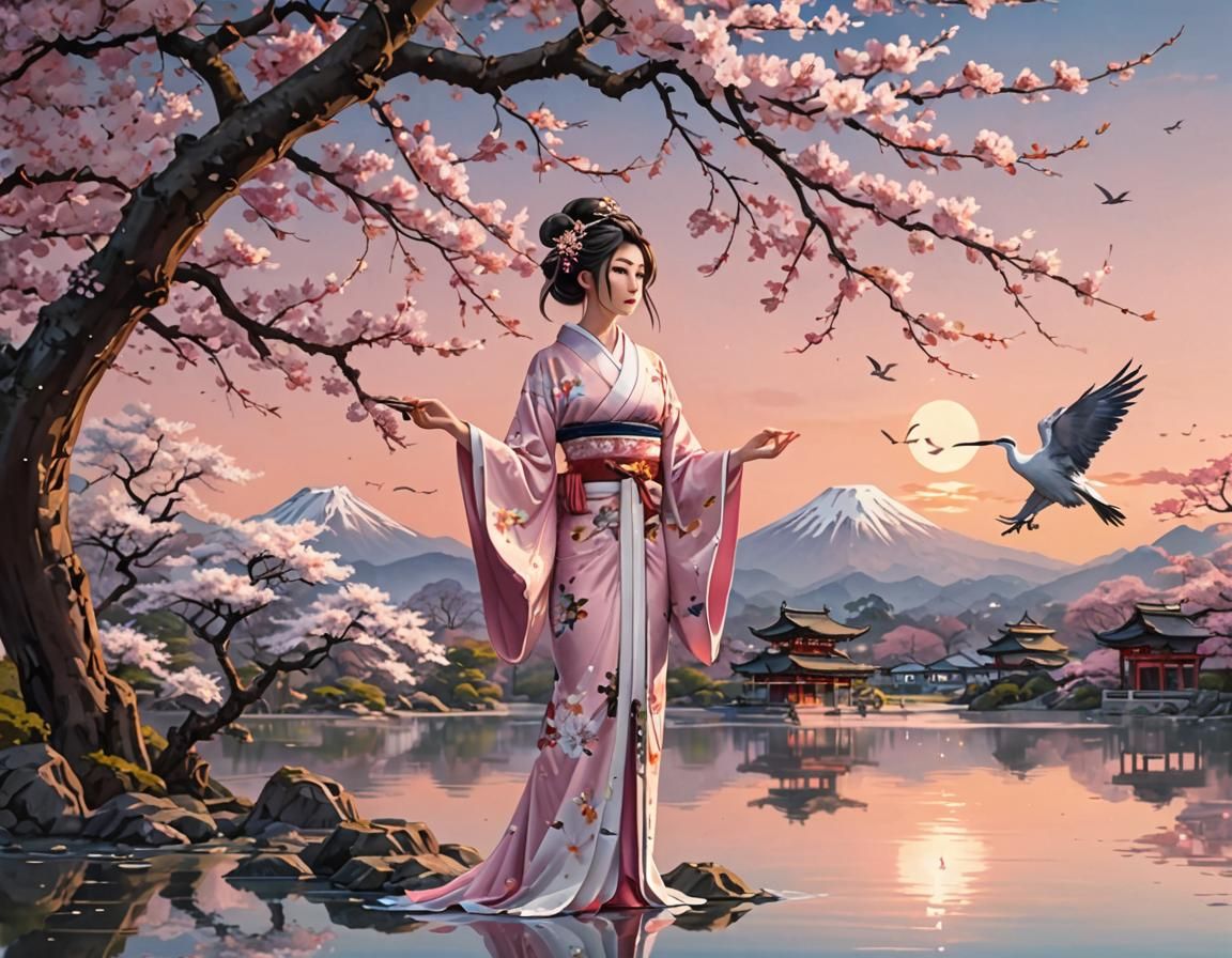 Japanese Princess Under Sakura Tree: 3D Anime Art