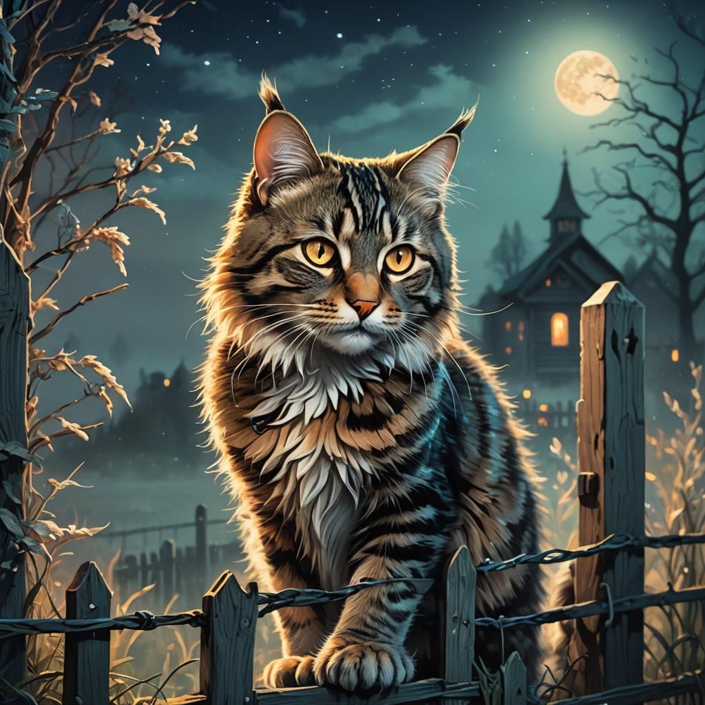 Moonlit Tabby Cat on Fence, Concept Art