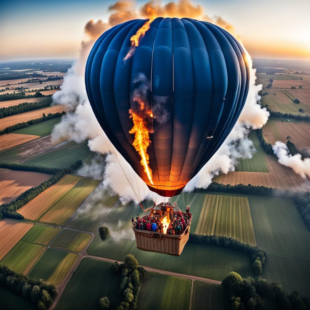 Burning Plane Approaches Balloon Selfie: Dramatic Panorama