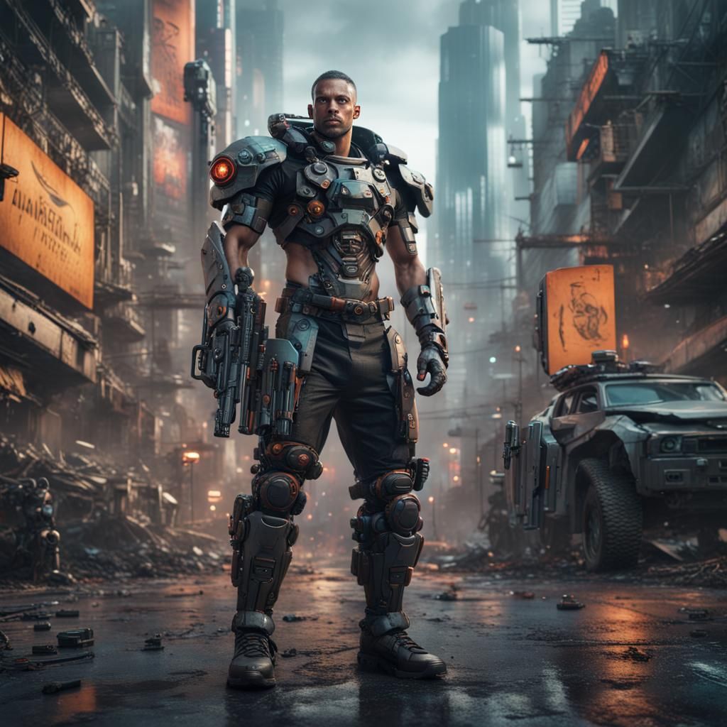 Cyberpunk Warrior in a Neon Cityscape