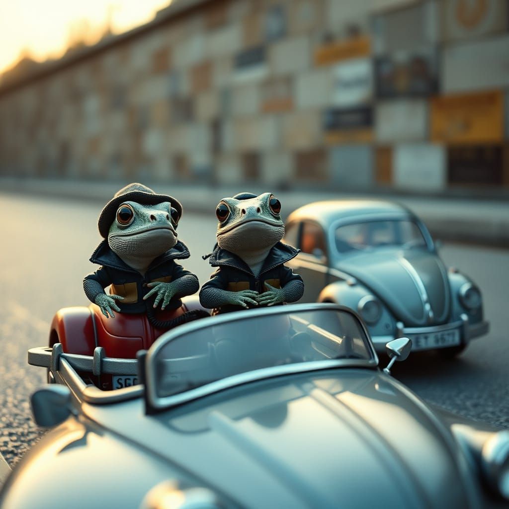 The frog’s driving VW Bugs