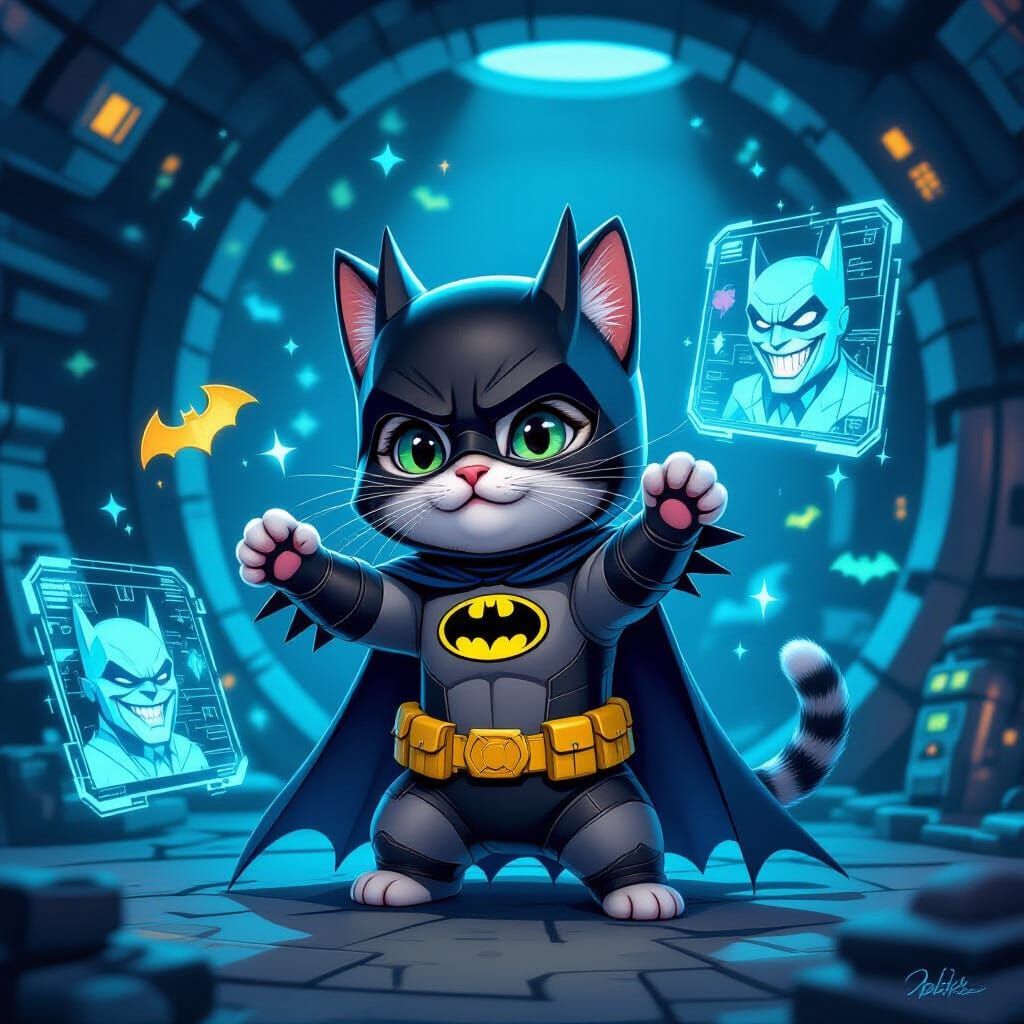 Gen Alpha Cat as Batman in Futuristic Batcave