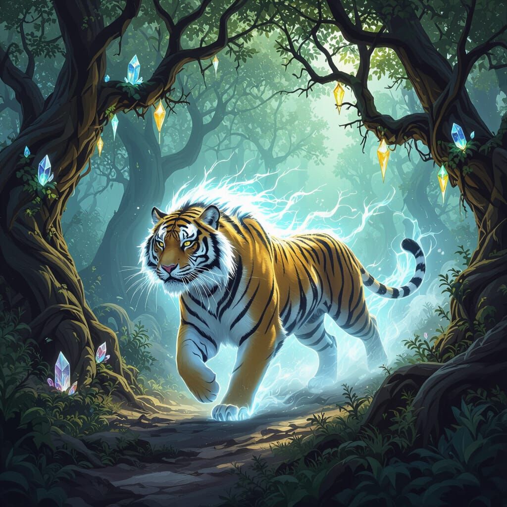 Spectral Tiger Gallops Through Enchanted Forest, Fantasy Art