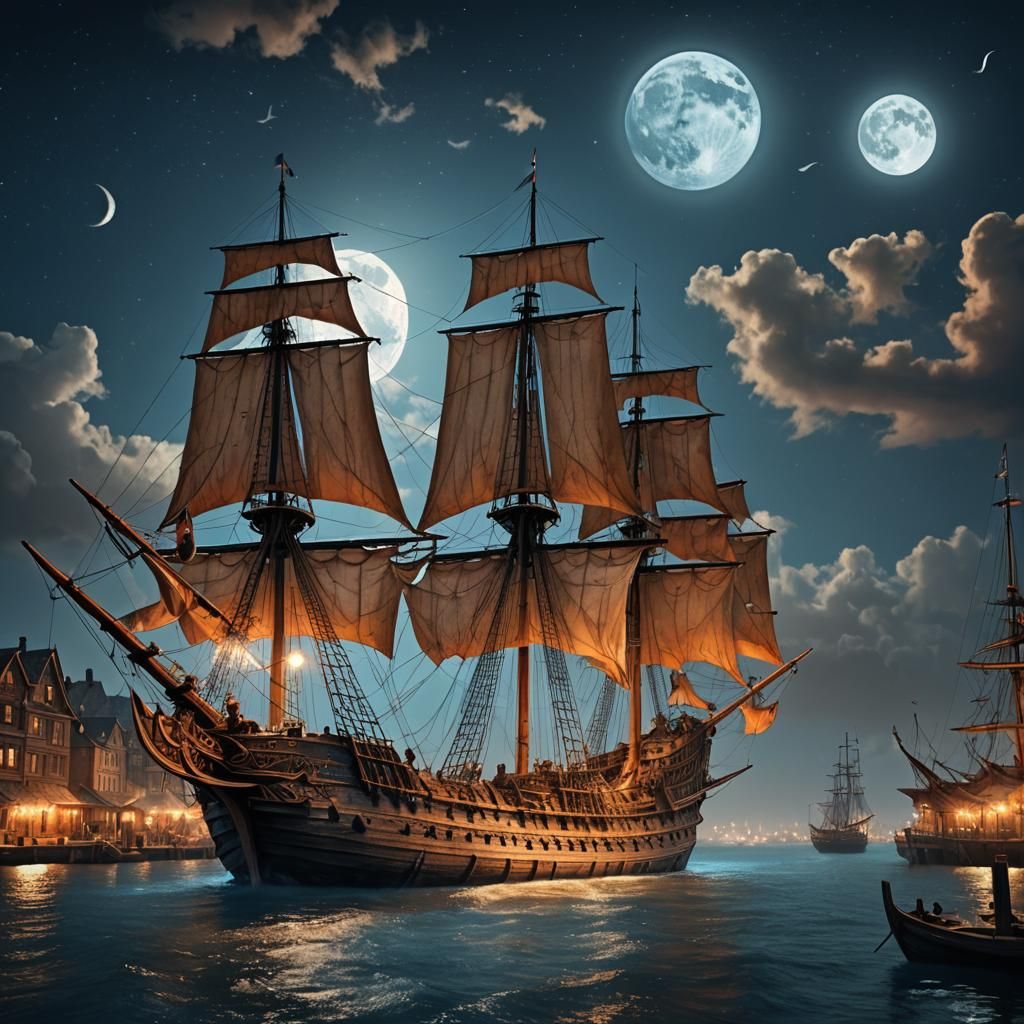 Galleon Ship at Harbour Under Full Moon