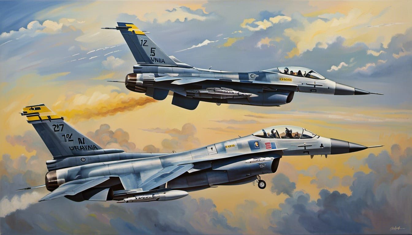 Ukrainian Pilots in American F-16 Fighters: Acrylic Painting