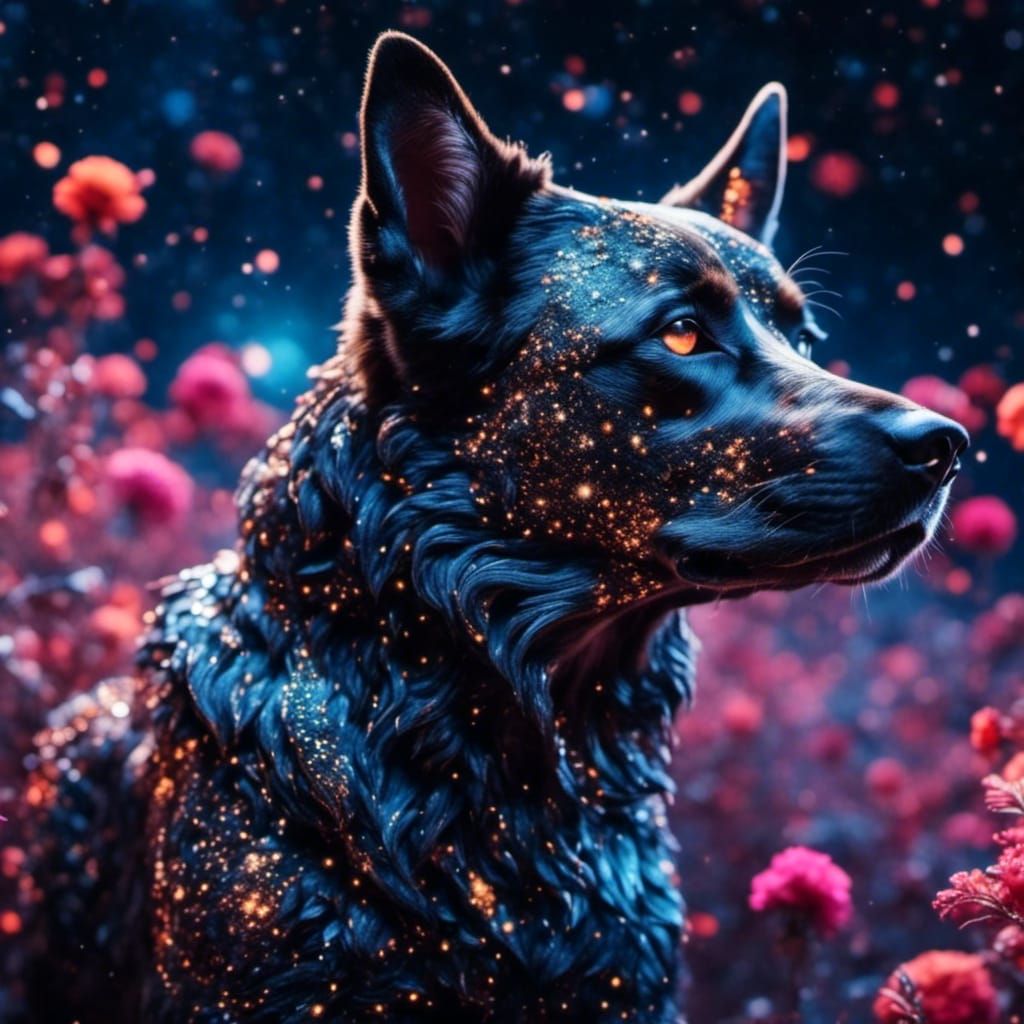 Cosmic Beast Dog Flying Through Galaxies