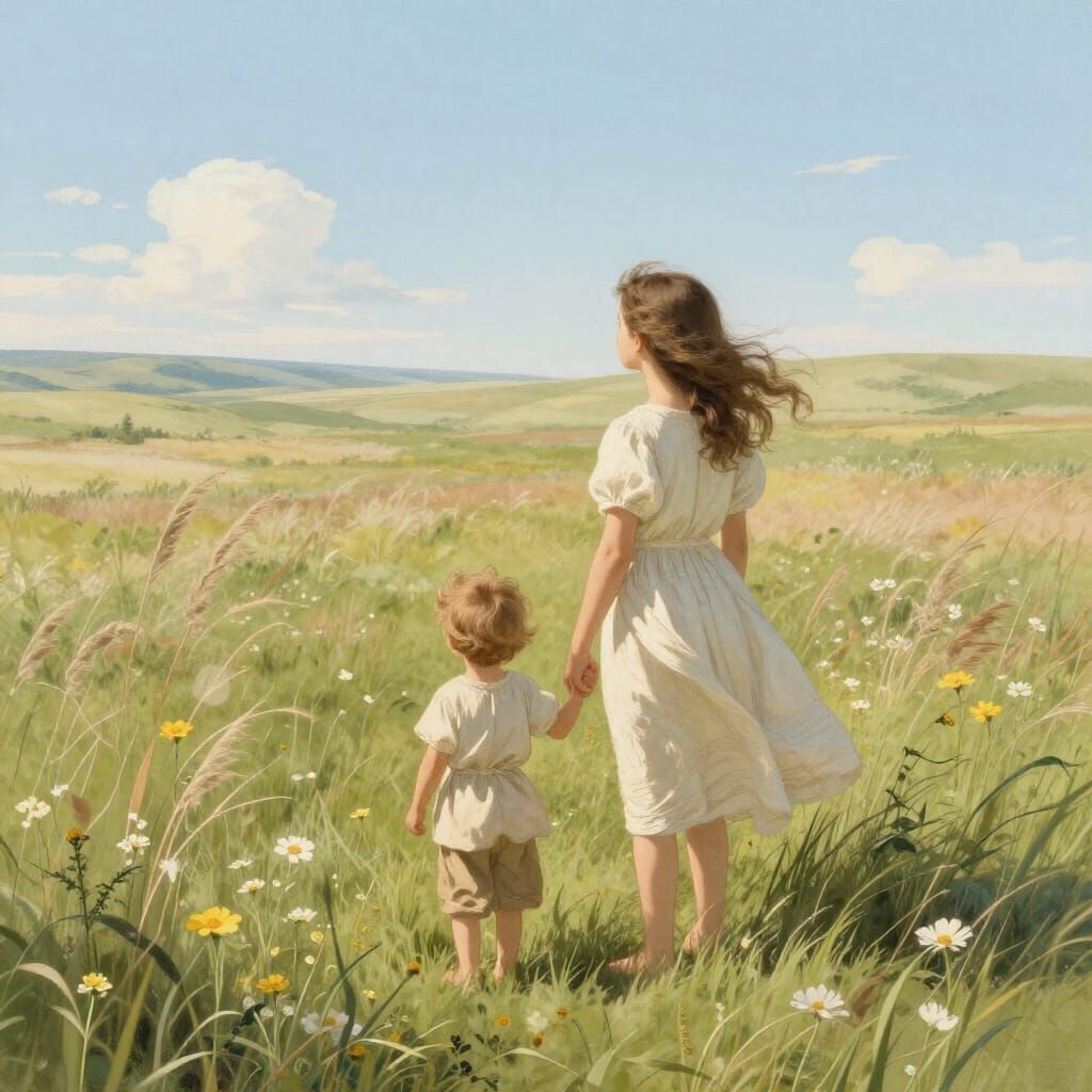 Children in Sunlit Steppe, Botticelli Inspired