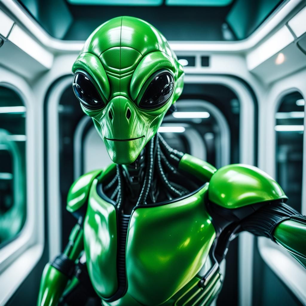 Green Alien Selfie on Sci-Fi Spaceship