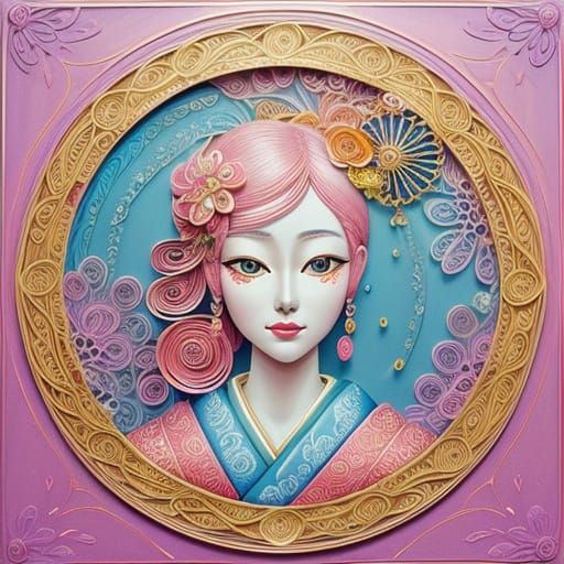 Vibrant Quilling Art of a Geisha in Pink and Gold