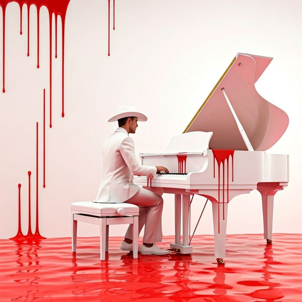 Elegant Man in White Tuxedo Plays Piano Amidst Vibrant Red P...