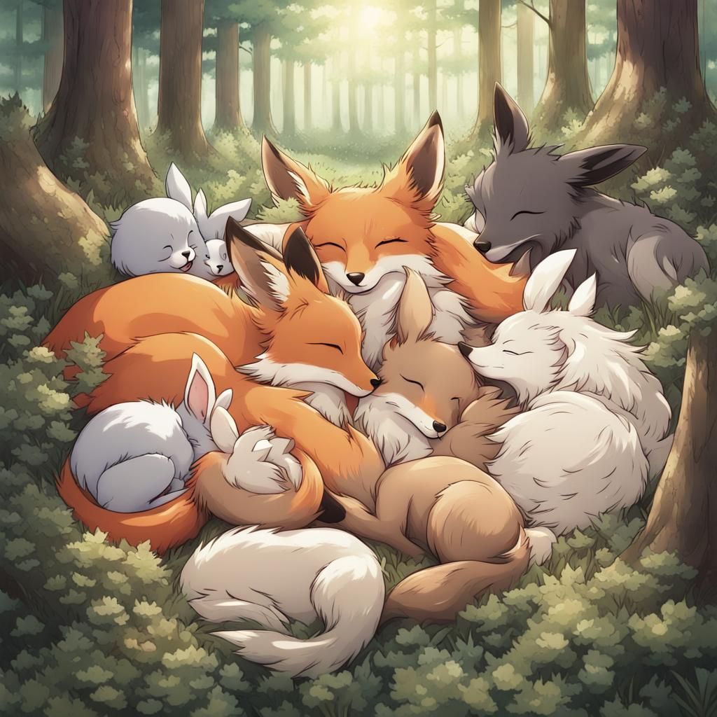 Forest Animals Cuddle Pile in Anime Style