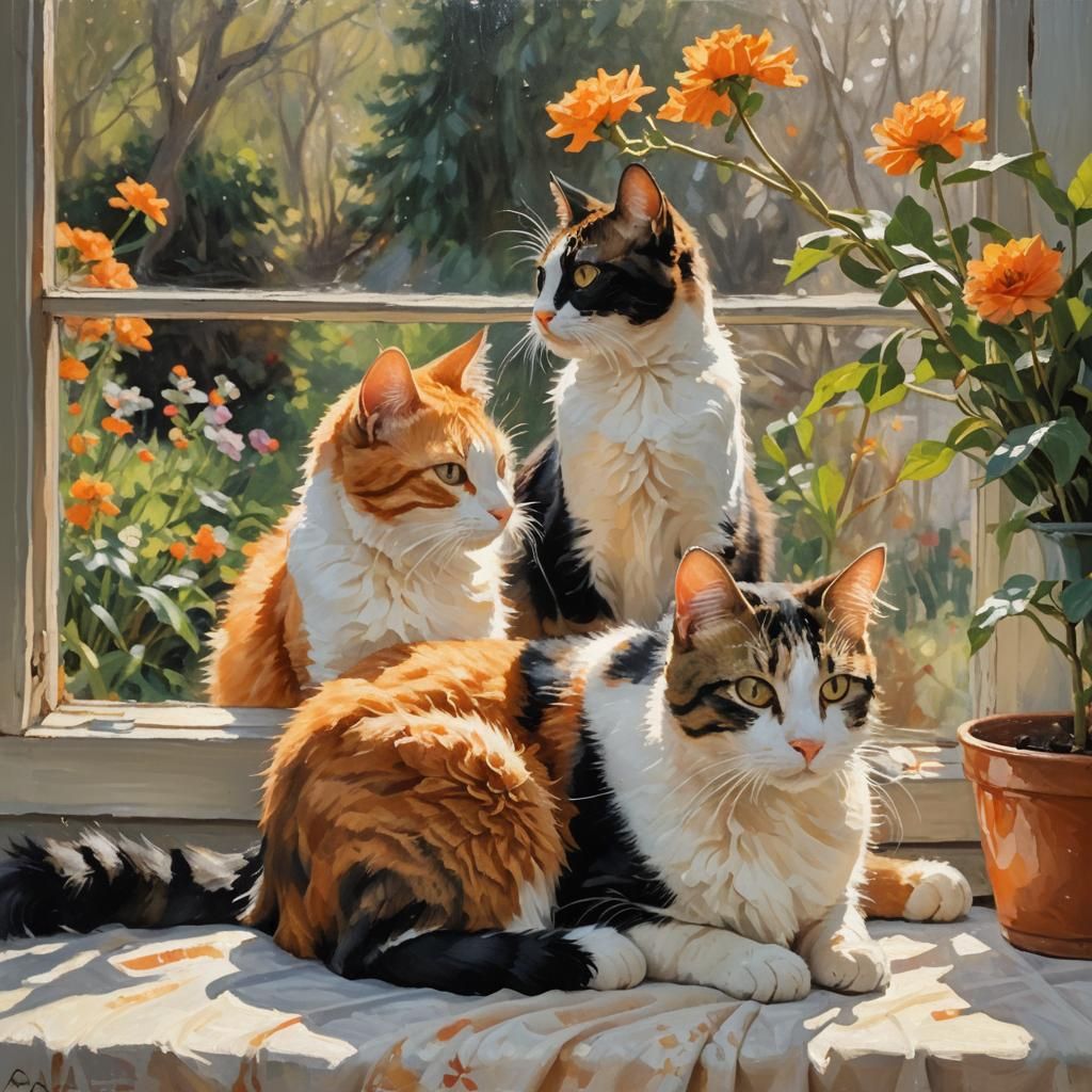 Impressionist Portrait of Two Cats on Windowsill