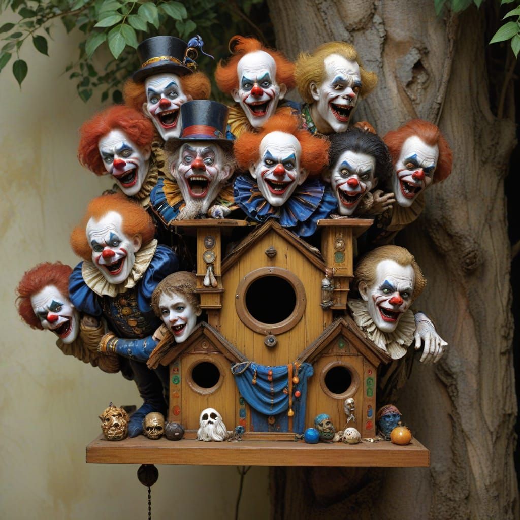 Birdhouse of Evil Clowns in Art Nouveau Style