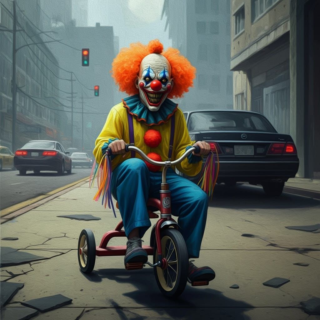 Terrifying Clown Pedals Away in a Haunting Street Scene
