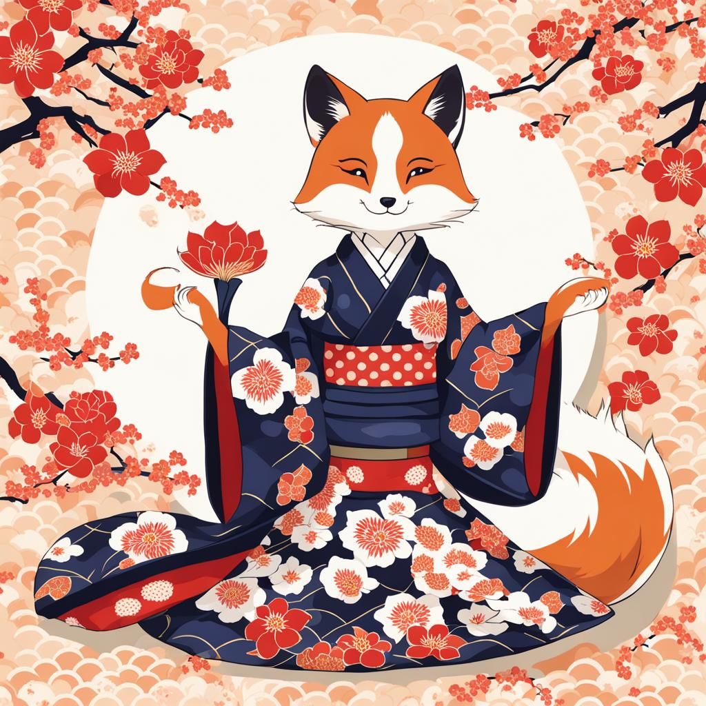 A kitsune in kimono meditating under the cherry blossom