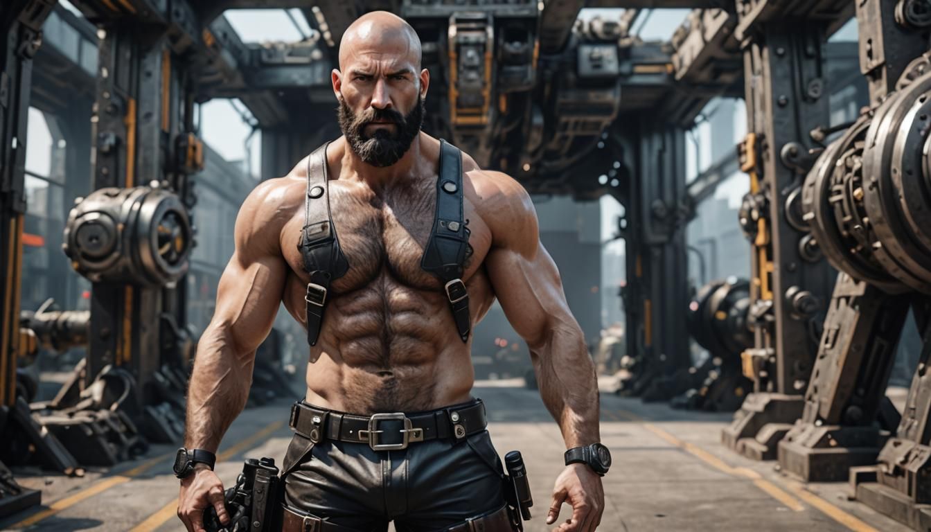 Futuristic Hairy Man with Weapon in Sci-Fi Style