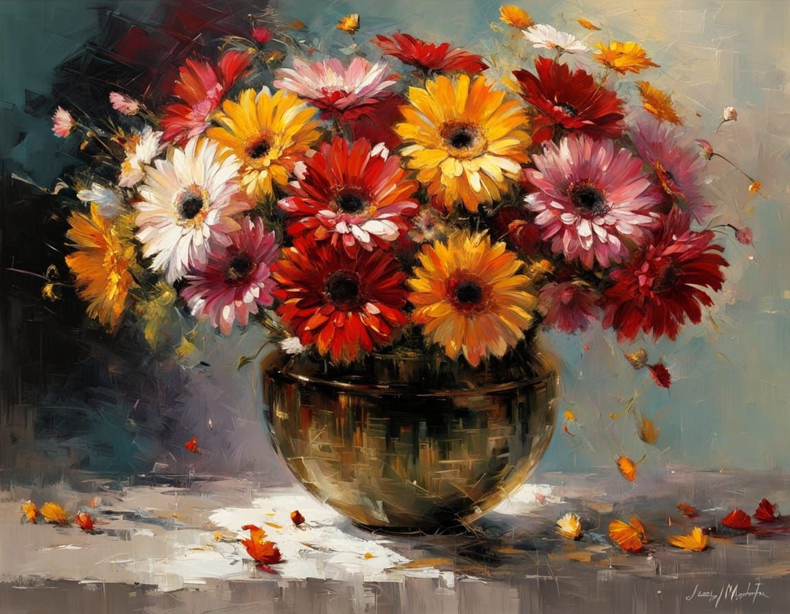 Gerberas in Vase as Impasto Painting