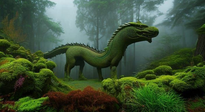 Ancient Stone Dragon Statue in Misty Forest