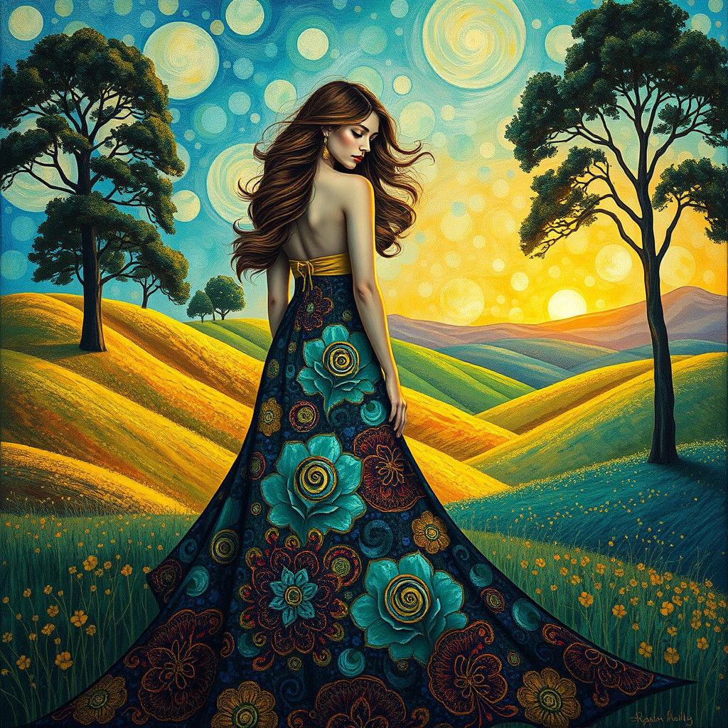 Dreamlike Landscape with Woman in Gustav Klimt Style