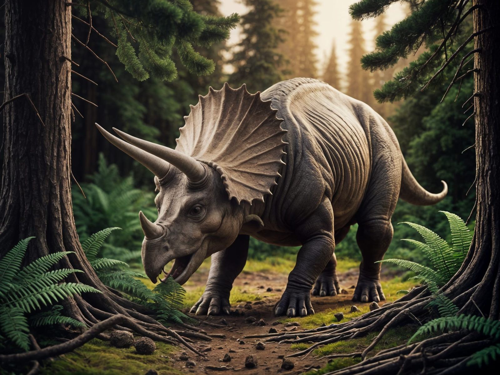 Triceratops in Prehistoric Pine Forest: Breathtaking Photo