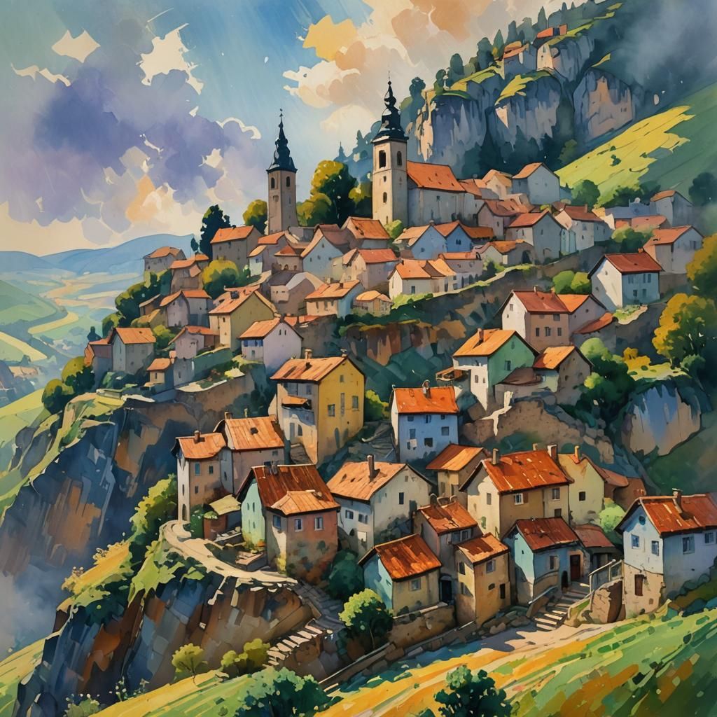 Village on Steep Slope: Impressionist Gouache Masterpiece