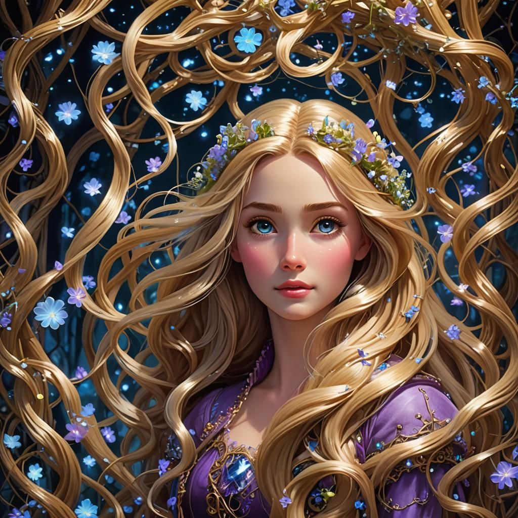 Luminous Rapunzel with Bioluminescent Hair
