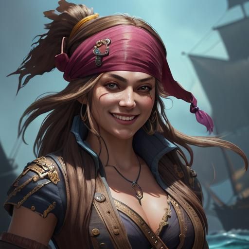 Smiling Female Pirate in Hyperrealistic Splash Art