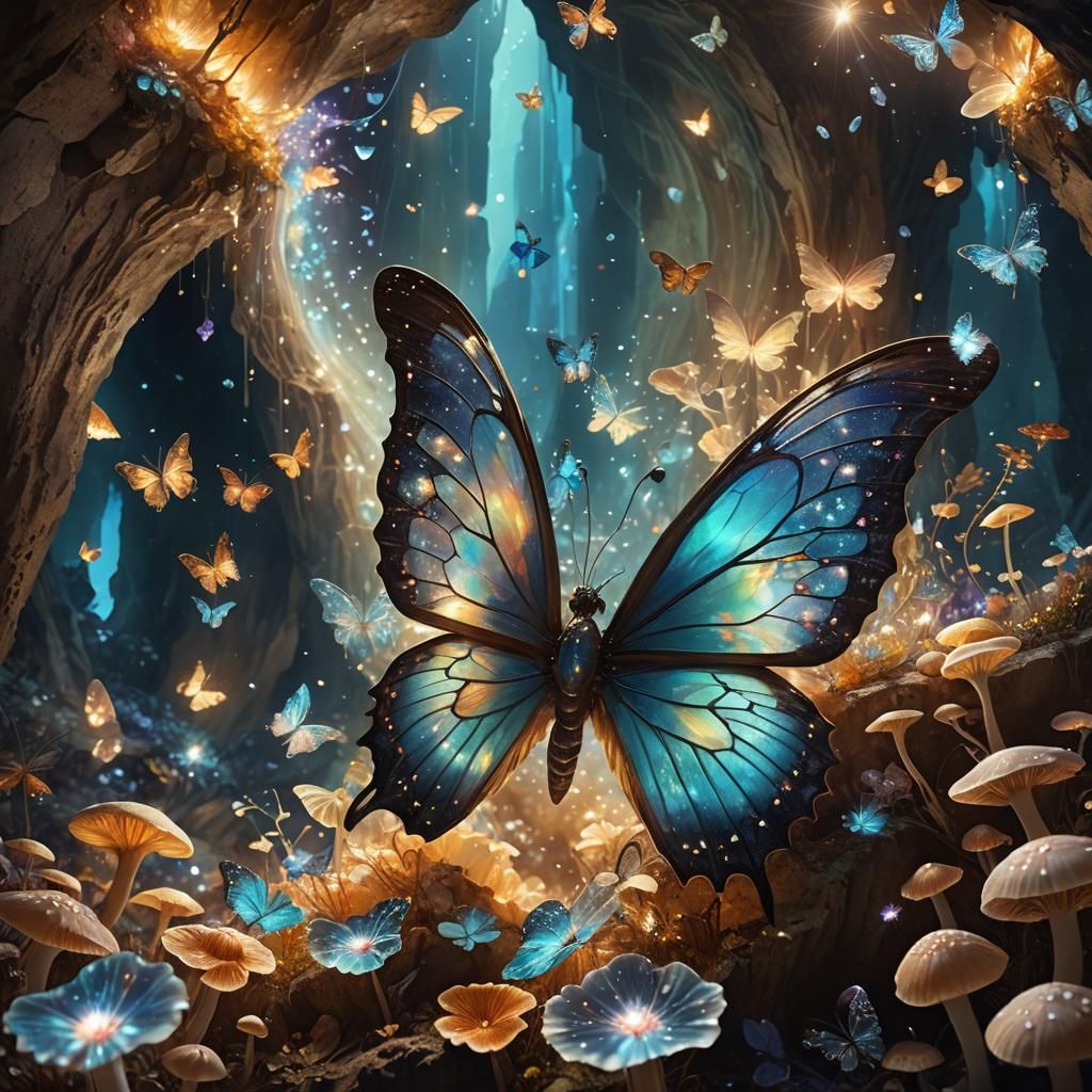 Mystical Butterfly in Luminescent Crystal Cave