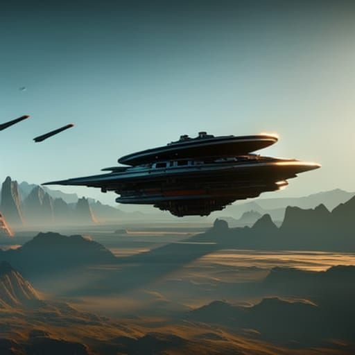 Spaceship Orbiting Ringed Planet in Detailed Matte Painting